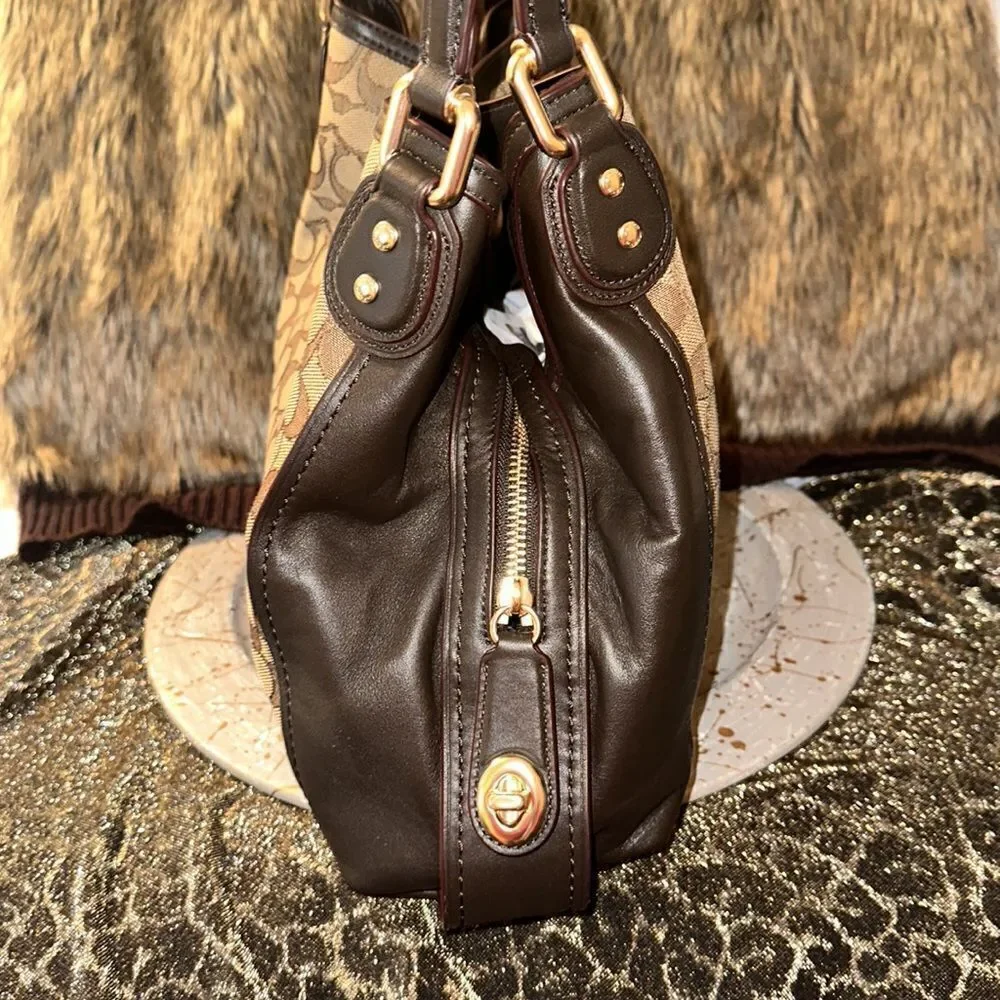 Coach Lexy Brown Tan Coach Logo Mid Sized Genuine Leather Satchel